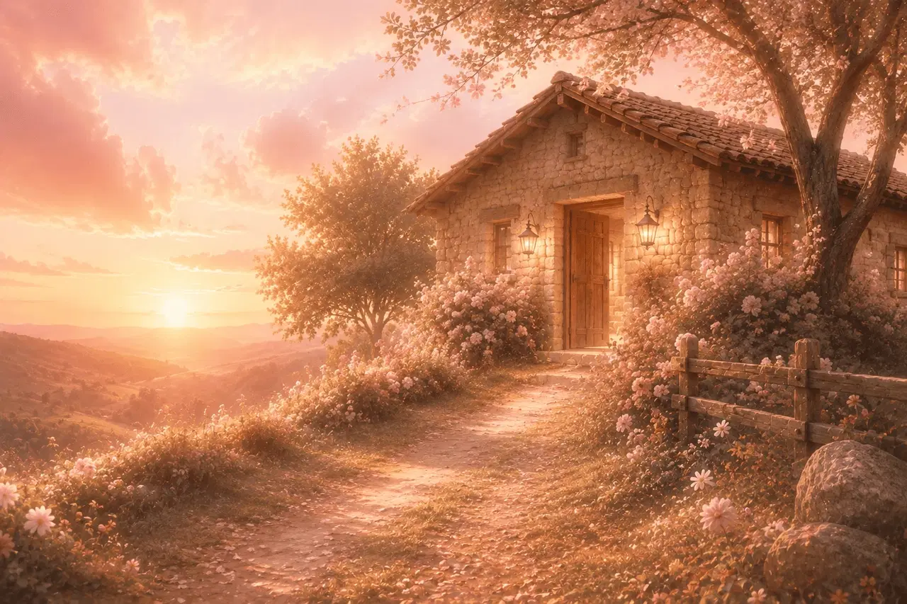 Casa iluminada ao entardecer, simbolizando volta para casa
