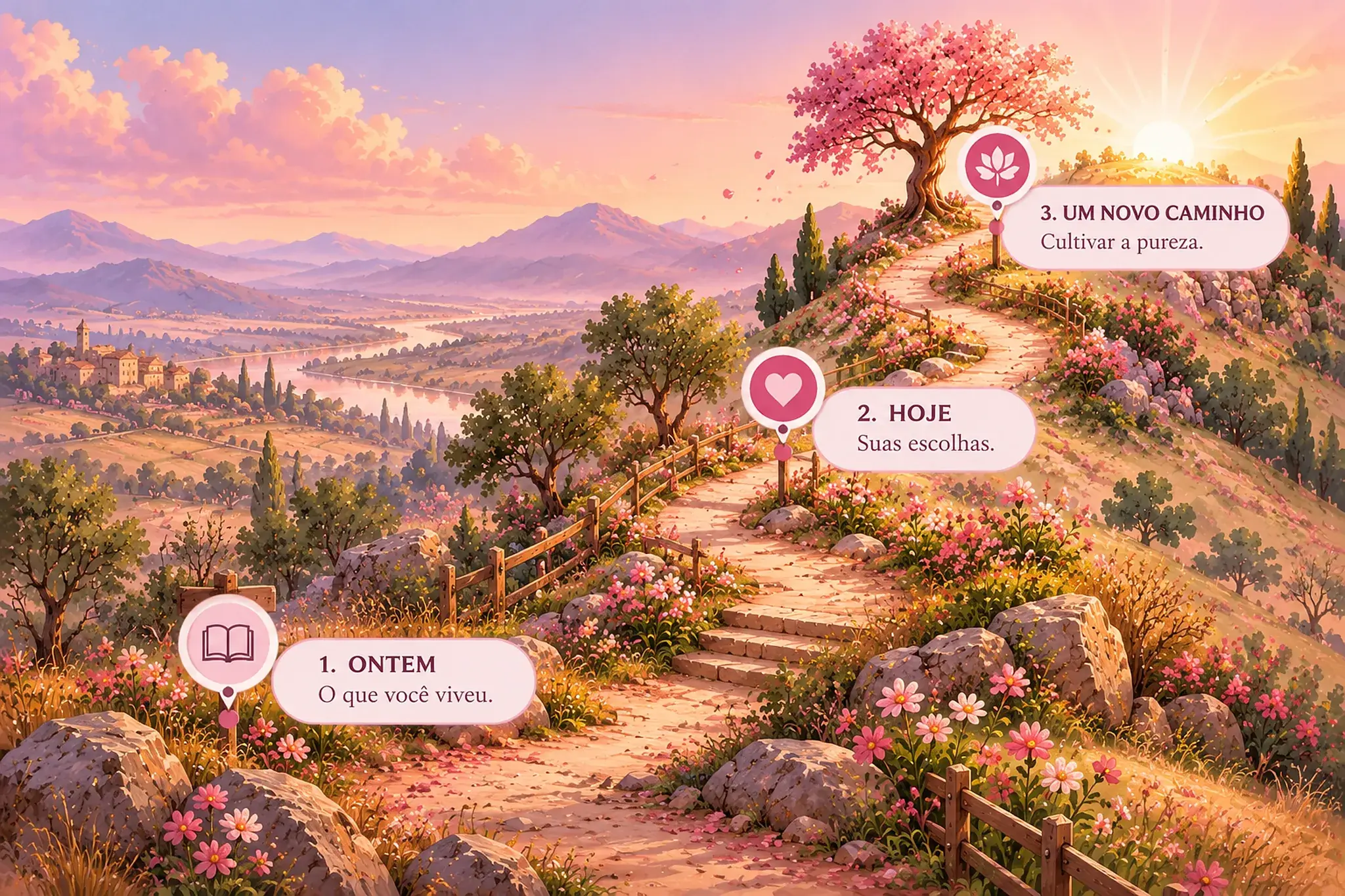 Mapa ilustrado de um caminho florido com três etapas: Ontem, o que você viveu; Hoje, suas escolhas; Um novo caminho, cultivar a pureza.