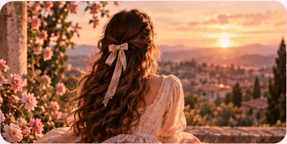 Mulher contemplando uma paisagem ao pôr do sol