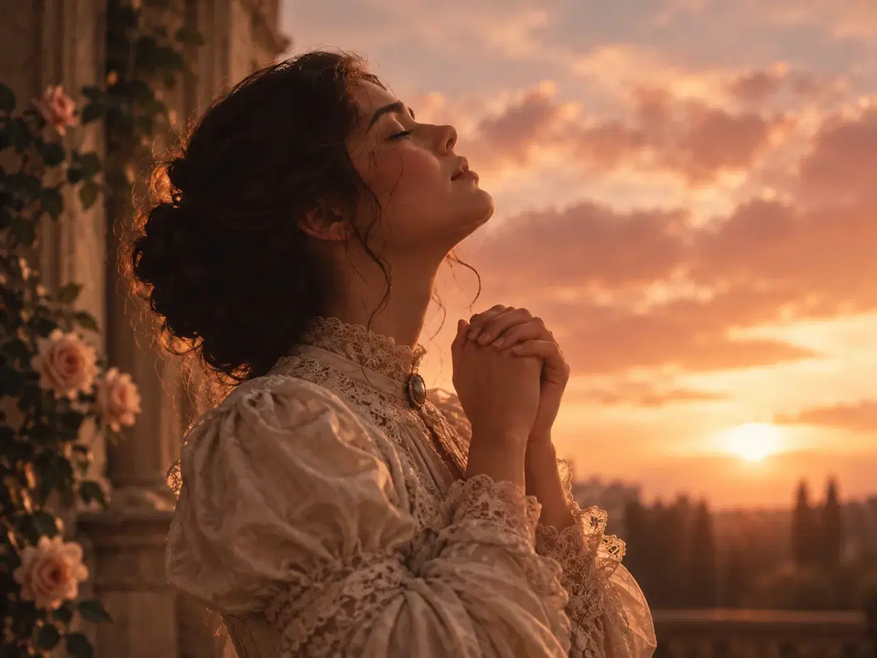 Mulher em close, orando com os olhos fechados ao pôr do sol em uma cena delicada e contemplativa