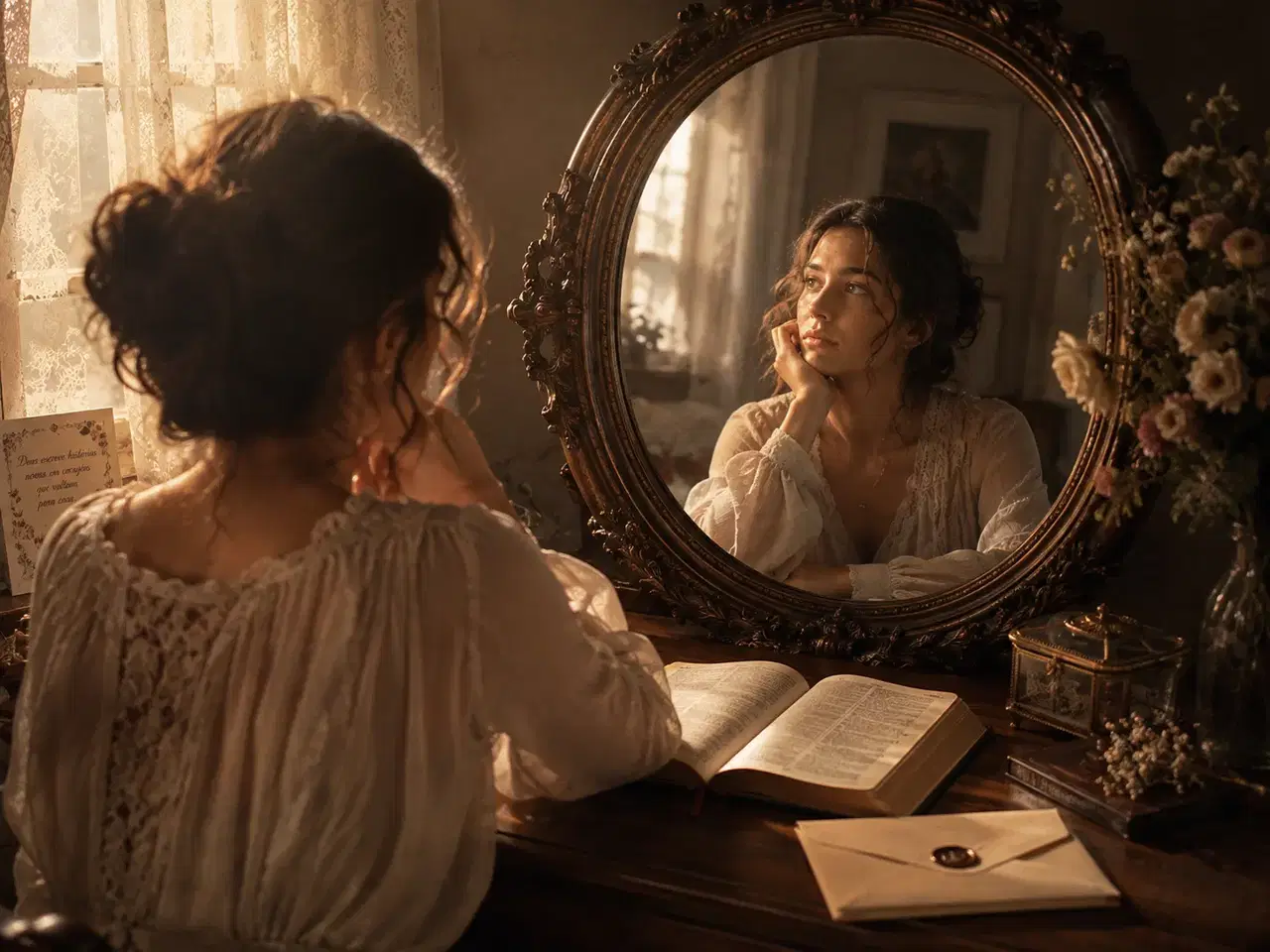 Mulher contemplativa ao pôr do sol em uma cena delicada e reflexiva