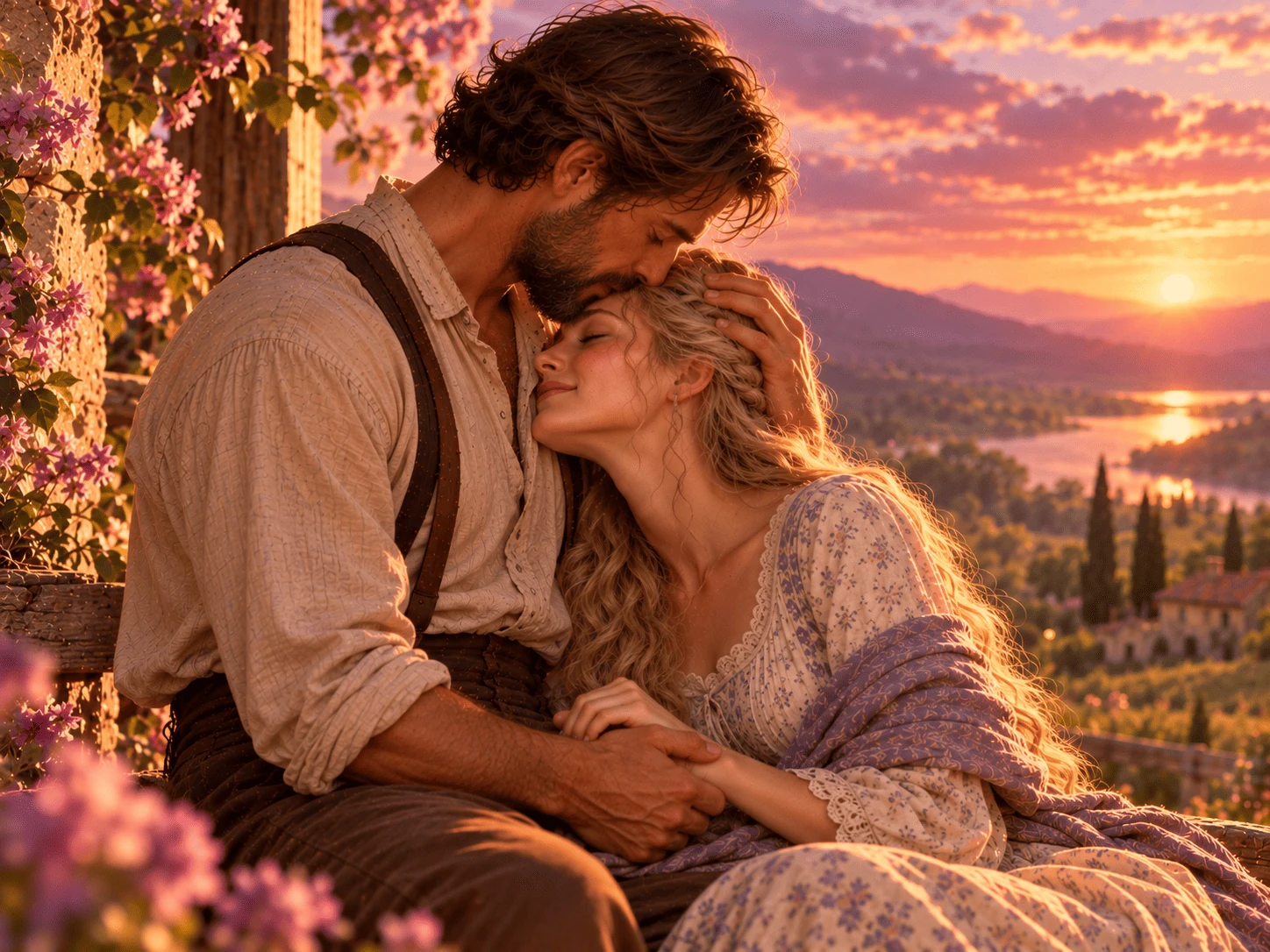 Casal em trajes de época em um abraço terno ao pôr do sol, simbolizando amor, cuidado e recomeço