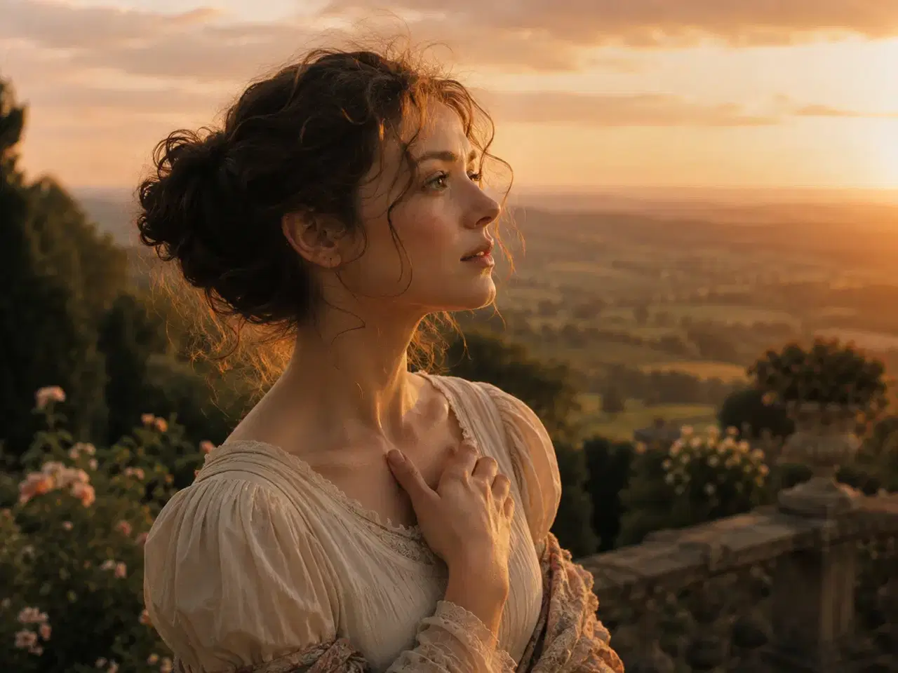 Mulher em oração, em um ambiente acolhedor ao entardecer, com expressão introspectiva e delicada